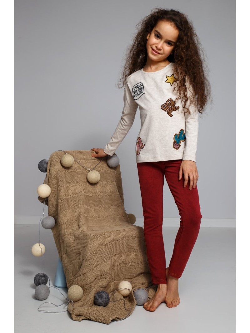 Beigefarbene Kinderbluse mit Aufnähern NDZ8166 – Online-Shop – Boutique